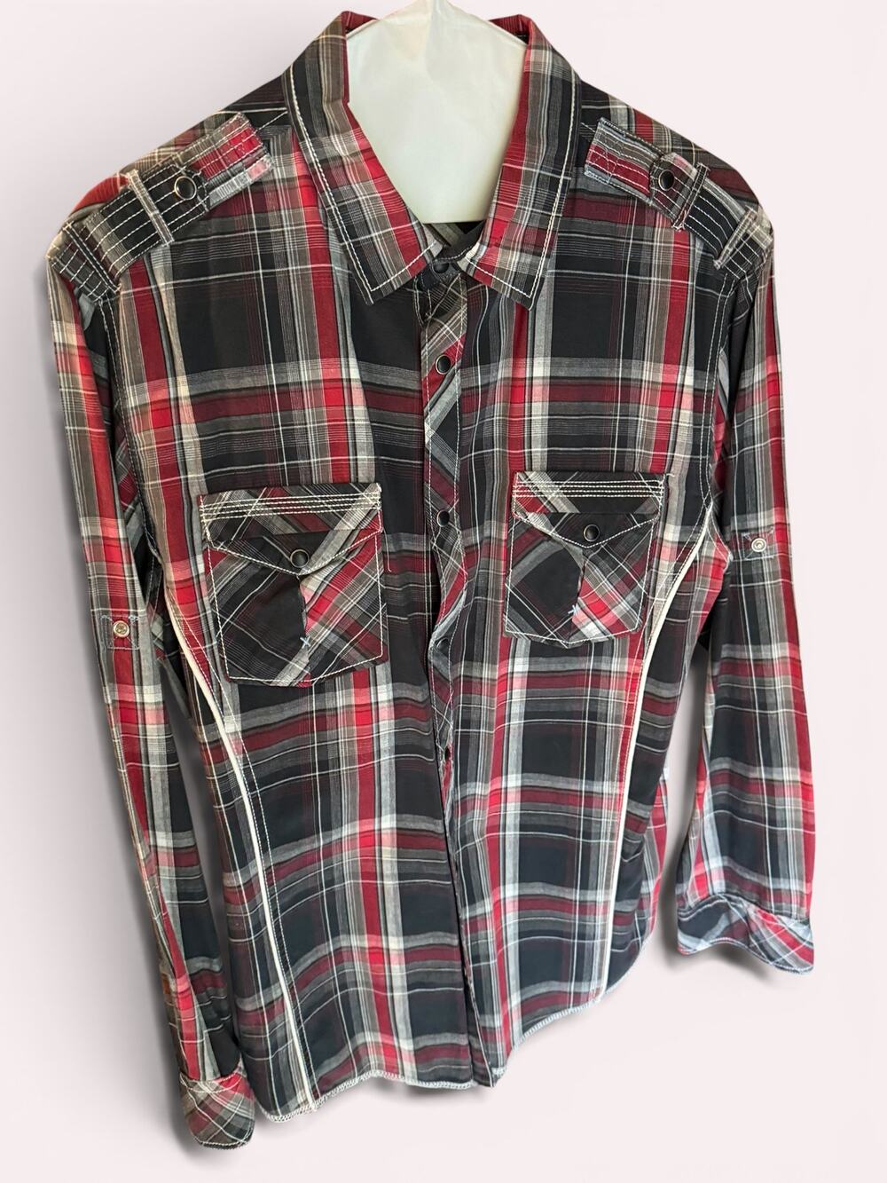 Helix Men’s Medium Plaid Snap Front Western Shirt Black Red Roll Tab Sleeve